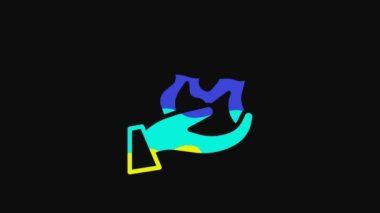 Yellow Hand holding a fire icon isolated on black background. 4K Video motion graphic animation.