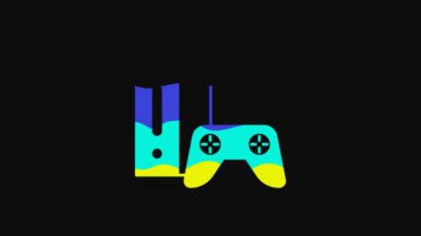 Siyah zemin üzerinde joystick simgesi olan sarı video oyun konsolu. 4K Video hareketli grafik canlandırması.