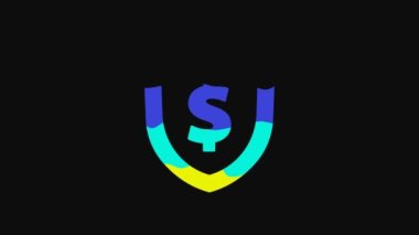 Yellow Shield with dollar symbol icon isolated on black background. Security shield protection. Money security concept. 4K Video motion graphic animation.