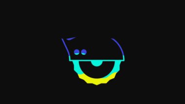 Yellow Electric circular saw with steel toothed disc icon isolated on black background. Electric hand tool for cutting wood or metal. 4K Video motion graphic animation.