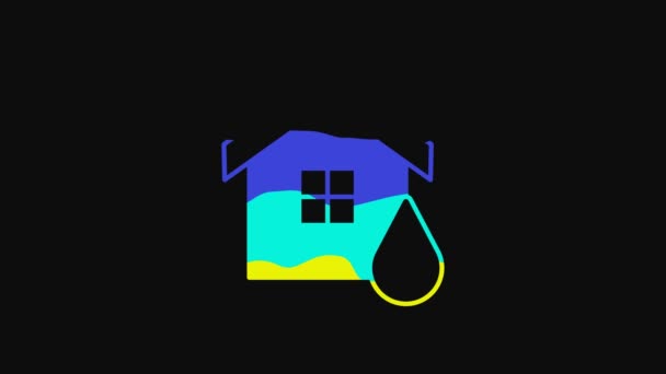 Gelbes Haus Flutsymbole Isoliert Auf Schwarzem Hintergrund Hausfluten Unter Wasser — Stockvideo