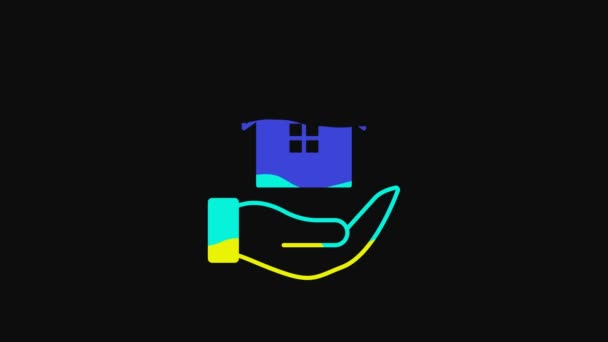 Yellow House Hand Icon Isolated Black Background Insurance Concept Security — Vídeo de Stock