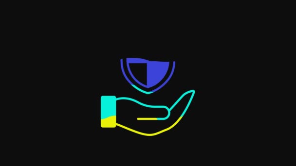Yellow Shield Hand Icon Isolated Black Background Insurance Concept Guard — Vídeo de Stock
