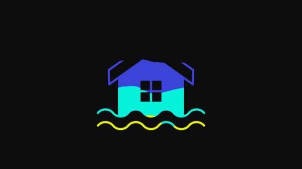 Yellow House Flood Icon Isolated Black Background Home Flooding Water — Stok video
