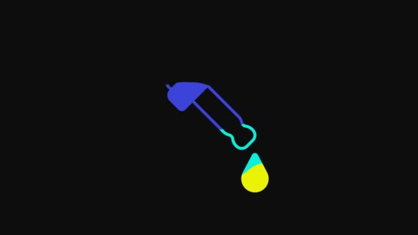 黒い背景に油のアイコンが隔離された黄色のピペット 有機アロマセラピーのエッセンス スキンケア血清ガラスドロップパッケージ 4Kビデオモーショングラフィックアニメーション — ストック動画