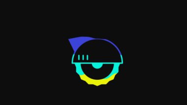 Yellow Electric circular saw with steel toothed disc icon isolated on black background. Electric hand tool for cutting wood or metal. 4K Video motion graphic animation.