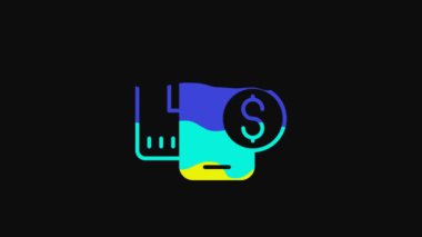 Siyah arkaplanda dolar sembolü olan sarı akıllı telefon. İnternetten alışveriş konsepti. Finansal cep telefonu simgesi. Çevrimiçi ödeme. 4K Video hareketli grafik canlandırması.
