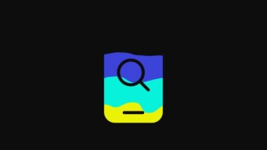 Yellow Magnifying glass and mobile icon isolated on black background. Search, focus, zoom, business symbol. 4K Video motion graphic animation.