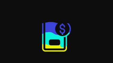 Siyah arkaplanda dolar sembolü olan sarı akıllı telefon. İnternetten alışveriş konsepti. Finansal cep telefonu simgesi. Çevrimiçi ödeme. 4K Video hareketli grafik canlandırması.