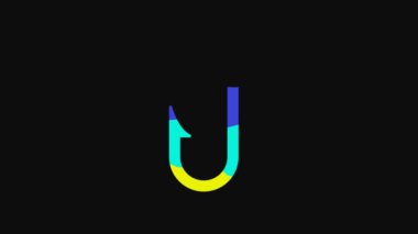 Yellow Fishing hook icon isolated on black background. Fishing tackle. 4K Video motion graphic animation.