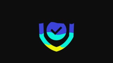 Yellow Shield with check mark icon isolated on black background. Protection symbol. Security check Icon. Tick mark approved icon. 4K Video motion graphic animation.