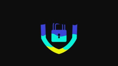 Yellow Shield security with lock icon isolated on black background. Protection, safety, password security. Firewall access privacy sign. 4K Video motion graphic animation.