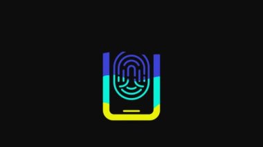 Yellow Smartphone with fingerprint scanner icon isolated on black background. Concept of security, personal access via finger on mobile. 4K Video motion graphic animation.