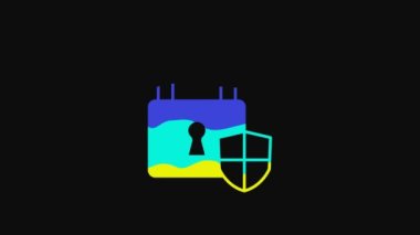 Yellow Shield security with lock icon isolated on black background. Protection, safety, password security. Firewall access privacy sign. 4K Video motion graphic animation.