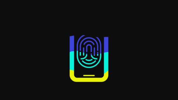 黒の背景に隔離された指紋スキャナのアイコンと黄色のスマートフォン セキュリティの概念 携帯電話上の指を介して個人的なアクセス 4Kビデオモーショングラフィックアニメーション — ストック動画
