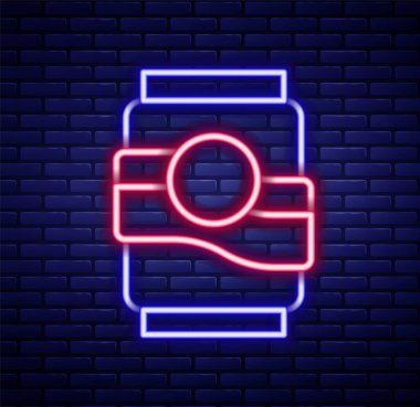Parlayan neon hattı, tuğla duvar arkasında izole edilmiş Soda kutusu ikonu. Renkli taslak konsepti. Vektör