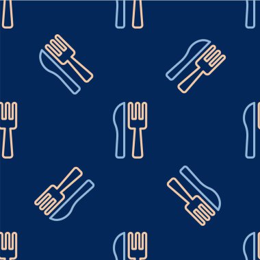 Çizgiyi aşan bıçak ve çatal ikonu mavi arka planda izole edilmiş pürüzsüz desen. Çatal bıçak sembolü. Vektör