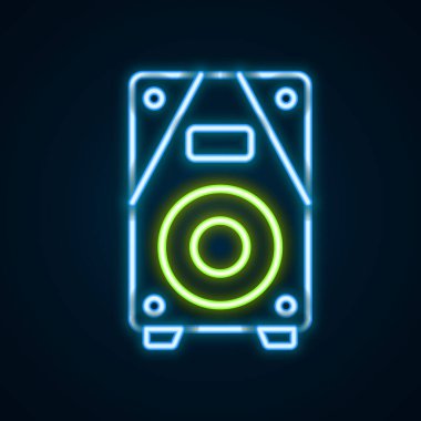 Parlayan neon hattı Stereo hoparlör simgesi siyah arkaplanda izole edildi. Ses sistemi hoparlörleri. Müzik ikonu. Müzikal sütun hoparlörü. Renkli taslak konsepti. Vektör