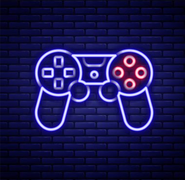 Parlayan neon hattı oyun denetleyici ya da oyun konsolu simgesi için joystick tuğla duvar arka planında izole. Renkli taslak konsepti. Vektör