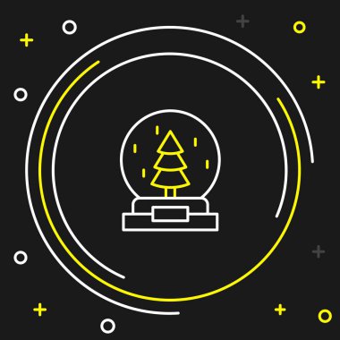 Karla kaplı çizgi Noel küresi ve siyah arka planda izole edilmiş Noel ağacı ikonu. Mutlu Noeller ve mutlu yıllar. Renkli taslak konsepti. Vektör