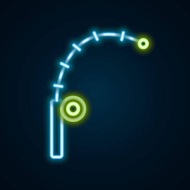 Parlayan neon hattı Balıkçı Çubuğu simgesi siyah arkaplanda izole edildi. Büyük bir balık yakala. Balıkçılık ekipmanları ve balık çiftliği konuları. Renkli taslak konsepti. Vektör