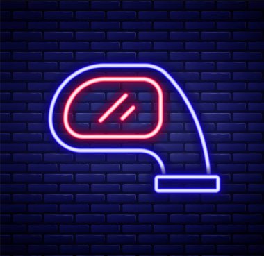 Parlak neon çizgili araba aynası ikonu tuğla duvar arkasında izole edilmiş. Renkli taslak konsepti. Vektör