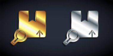 Gold and silver Search package icon isolated on black background. Parcel tracking symbol. Magnifying glass and cardboard box. Logistic and delivery. Long shadow style. Vector