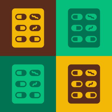 Popüler sanat hapları renkli arka planda izole edilmiş su toplayıcı ikonunda. İlaç paketi. Tablet, vitamin, antibiyotik, aspirin. Vektör