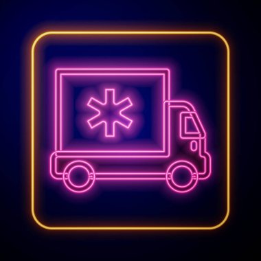 Parlayan neon ambulans ve acil durum arabası simgesi siyah arka planda izole edildi. Ambulans aracı tıbbi tahliye. Vektör