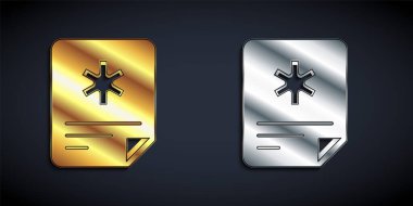 Siyah arka planda izole edilmiş klinik rekor ikonu olan altın ve gümüş tıbbi pano. Reçete, tıbbi kontrol işaretleri raporu. Uzun gölge tarzı. Vektör