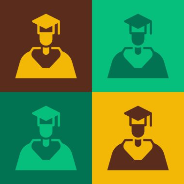 Pop Art Graduate ve mezuniyet şapkası ikonu renk arka planında izole edilmiş. Vektör
