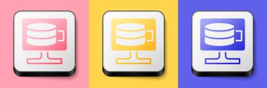 Isometric Cloud database icon isolated on pink, yellow and blue background. Cloud computing concept. Digital service or app with data transferring. Square button. Vector