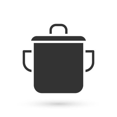Beyaz arka planda izole edilmiş gri tencere ikonu. Haşlama ya da güveç besin sembolü. Vektör