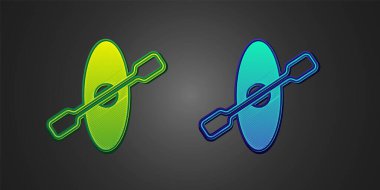 Siyah arka planda yeşil ve mavi kano ve kürek ikonu izole edildi. Balıkçılık ve turizm için kano. Açık hava aktiviteleri. Vektör