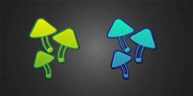 Siyah arkaplanda yeşil ve mavi mantar ikonu var. Vektör