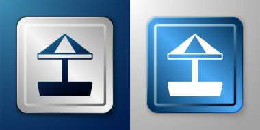 Mavi ve gri arka planda kum ve şemsiye simgesi olan çocuklar için beyaz kum havuzu. Gümüş ve mavi kare düğme. Vektör