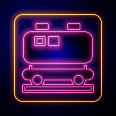 Glowing neon Oil railway cistern icon isolated on black background. Train oil tank on railway car. Rail freight. Oil industry.  Vector