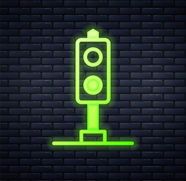 Parlayan neon tren trafik ışığı ikonu tuğla duvar arkasında izole edildi. Trenlerin hareketlerini düzenlemek için demiryolu için trafik ışıkları. Vektör