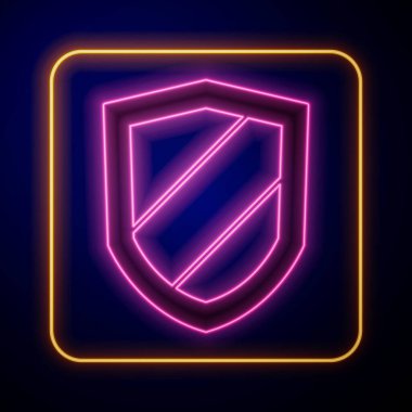 Parlayan neon kalkanı simgesi siyah arkaplanda izole edildi. Gardiyan. Güvenlik, güvenlik, koruma, gizlilik kavramı. Vektör