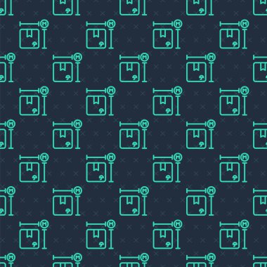 Green line Carton cardboard box measurement icon isolated seamless pattern on blue background. Box, package, parcel sign. Delivery and packaging.  Vector