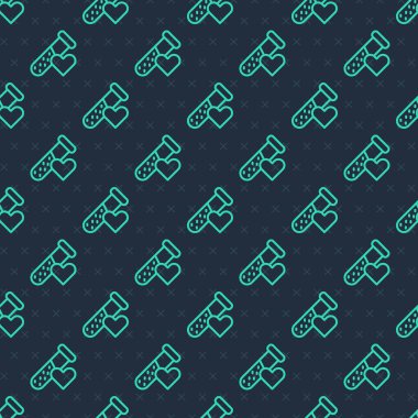 Green line Test tube or flask with blood icon isolated seamless pattern on blue background. Laboratory, chemical, scientific glassware sign.  Vector