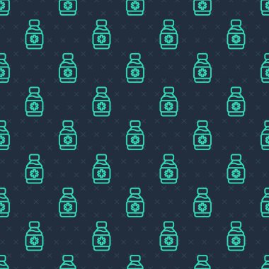 Green line Bottle of medicine syrup icon isolated seamless pattern on blue background.  Vector