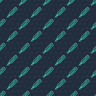 Tıbbi inceleme ikonu için yeşil çizgi tıbbi termometresi mavi arka planda izole edilmiş pürüzsüz desen. Vektör