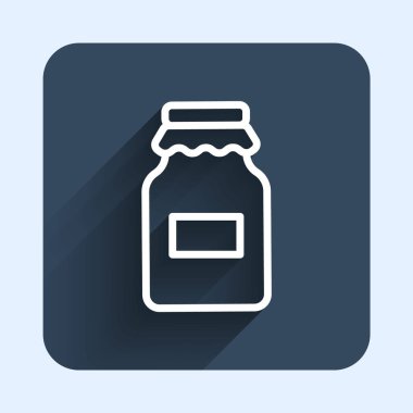 Beyaz çizgi kavanoz bal ikonu uzun gölge arkaplan izole. Yiyecek bankası. Tatlı doğal gıda sembolü. Mavi kare düğme. Vektör