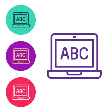 Dizüstü bilgisayar simgesini beyaz arkaplanda izole et. Boş ekran işaretli bilgisayar defteri. Simgeleri renklendirin. Vektör