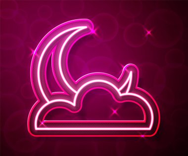 Parlayan neon hattı Ay ve yıldız simgesi kırmızı arkaplanda izole edildi. Bulutlu gece işareti. Uyku rüyalarının sembolü. Dolunay. Gece ya da yatak zamanı tabelası. Vektör