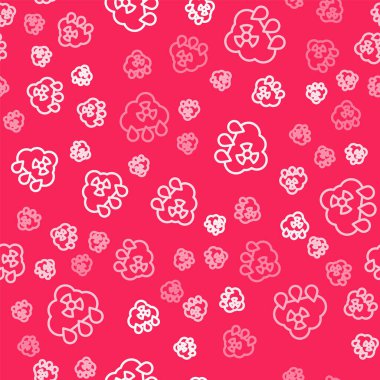 Beyaz çizgi asit yağmuru ve radyoaktif bulut simgesi kırmızı arka planda izole edilmiş. Zehirli hava kirliliğinin çevre üzerindeki etkileri. Vektör