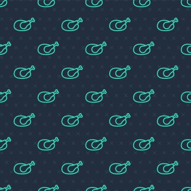 Yeşil çizgi kızarmış hindi ya da tavuk ikonu mavi arka planda izole edilmiş pürüzsüz desen. Vektör