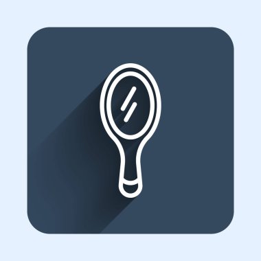 White line Hand mirror icon isolated with long shadow background. Blue square button. Vector