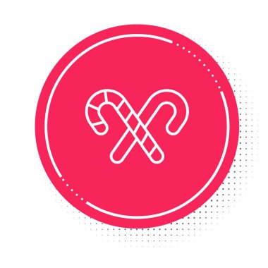 Beyaz çizgili Noel şekeri çubuğu beyaz arka planda izole edilmiş çizgili simge. Mutlu Noeller ve mutlu yıllar. Kırmızı daire düğmesi. Vektör